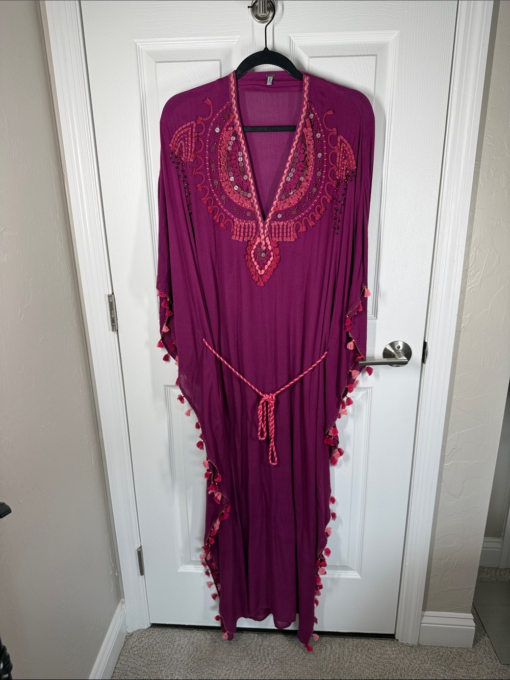 bl^nk Anthropologie magenta tunic boho tassel embroidered maxi dress size small